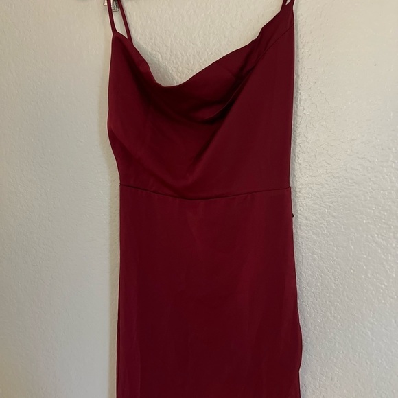 NWOT Unforgettable Love Wine Red Satin Cowl Neck Faux-Wrap Maxi Dress - Picture 6 of 7